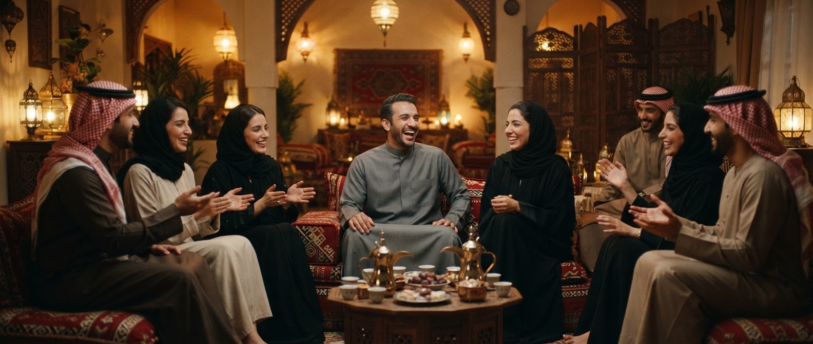 Friends talking together in a cozy Majlis